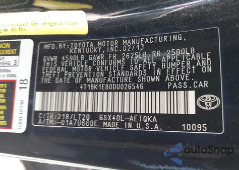 2013 Toyota Avalon Xle Touring из США, поврежденный, VIN 4T1BK1EB0DU026546